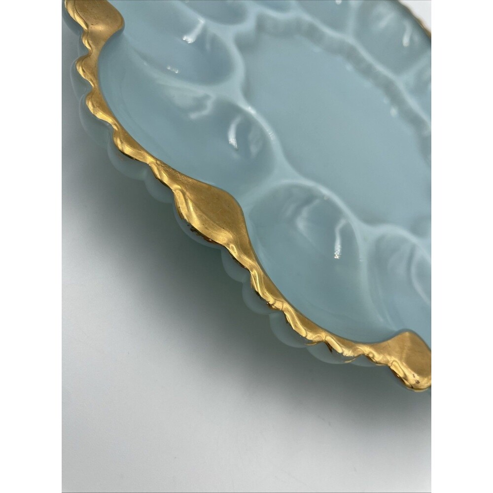 Vintage Anchor Hocking Delphite Blue Milk Glass Deviled Egg Plate Gold Trim 10” - Picture 4 of 6